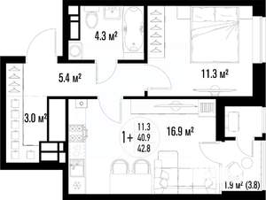 1-к квартира, вторичка, 43м2, 21/25 этаж