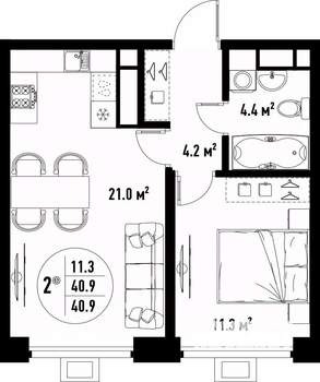 2-к квартира, вторичка, 41м2, 21/25 этаж