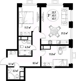3-к квартира, вторичка, 63м2, 25/25 этаж