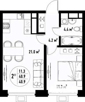 2-к квартира, вторичка, 41м2, 23/25 этаж