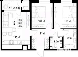 2-к квартира, вторичка, 61м2, 25/25 этаж