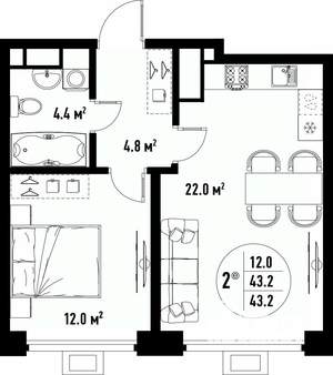 2-к квартира, вторичка, 43м2, 5/25 этаж