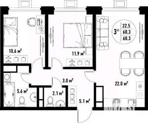 3-к квартира, вторичка, 60м2, 19/25 этаж