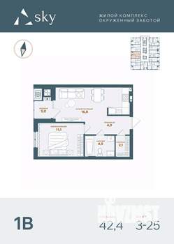 1-к квартира, вторичка, 42м2, 11/25 этаж