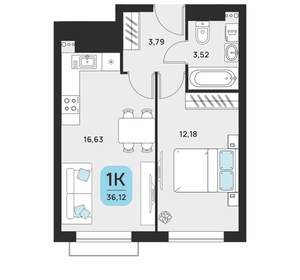 1-к квартира, вторичка, 37м2, 7/16 этаж