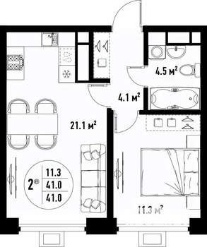 2-к квартира, вторичка, 41м2, 15/25 этаж