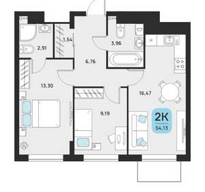 2-к квартира, вторичка, 56м2, 8/16 этаж