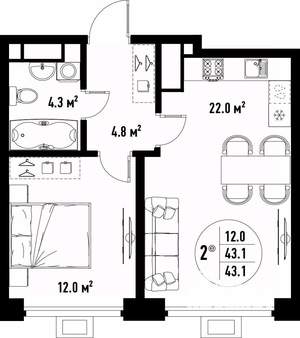2-к квартира, вторичка, 43м2, 21/25 этаж