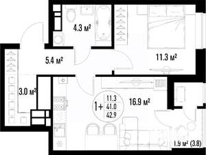 1-к квартира, строящийся дом, 43м2, 9/25 этаж