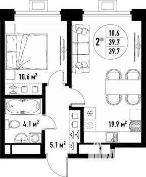 2-к квартира, вторичка, 40м2, 23/25 этаж