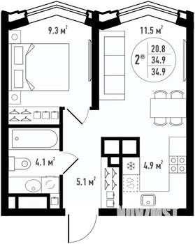 2-к квартира, вторичка, 35м2, 23/24 этаж