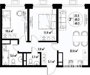 3-к квартира, вторичка, 60м2, 20/25 этаж
