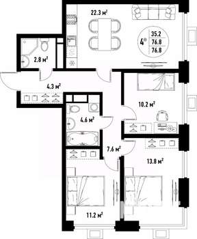 4-к квартира, вторичка, 77м2, 21/25 этаж
