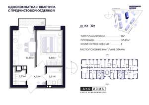 1-к квартира, строящийся дом, 32м2, 6/6 этаж