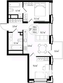 3-к квартира, вторичка, 54м2, 7/24 этаж