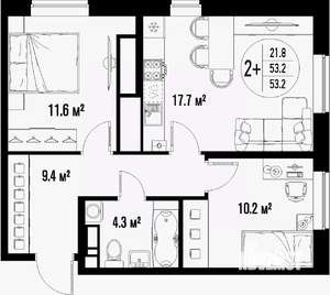 2-к квартира, строящийся дом, 53м2, 24/25 этаж