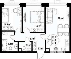 3-к квартира, вторичка, 62м2, 3/25 этаж
