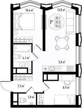 3-к квартира, вторичка, 51м2, 10/24 этаж