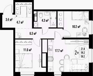 2-к квартира, вторичка, 58м2, 23/25 этаж