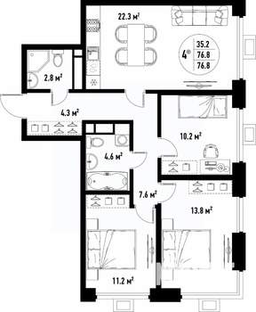 4-к квартира, вторичка, 77м2, 18/25 этаж