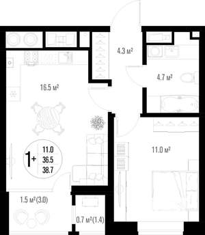 1-к квартира, строящийся дом, 39м2, 5/17 этаж