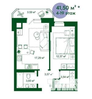 1-к квартира, вторичка, 42м2, 4/19 этаж