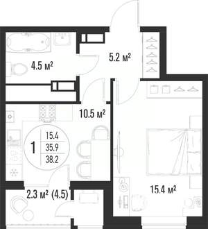 1-к квартира, строящийся дом, 38м2, 16/25 этаж