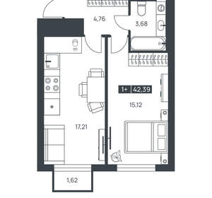 1-к квартира, вторичка, 42м2, 12/16 этаж