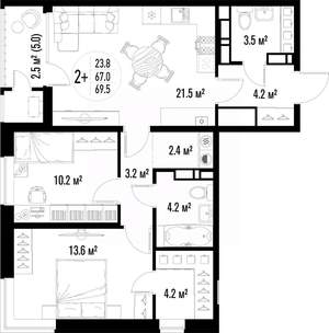 2-к квартира, вторичка, 70м2, 24/25 этаж
