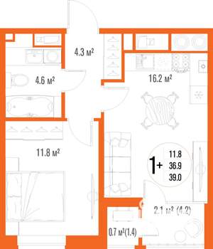 1-к квартира, вторичка, 39м2, 10/18 этаж