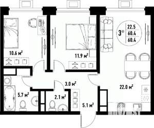 3-к квартира, вторичка, 60м2, 16/25 этаж