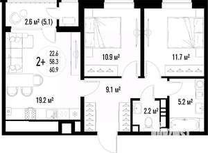 2-к квартира, строящийся дом, 61м2, 23/25 этаж