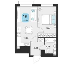 1-к квартира, вторичка, 37м2, 7/16 этаж