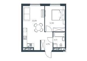 1-к квартира, строящийся дом, 44м2, 29/30 этаж