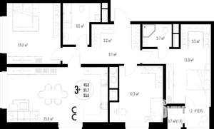 3-к квартира, строящийся дом, 94м2, 1/17 этаж