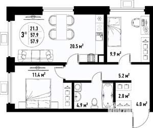 3-к квартира, вторичка, 58м2, 3/25 этаж
