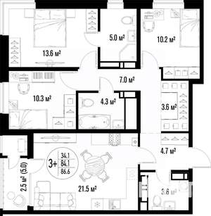 3-к квартира, вторичка, 87м2, 13/25 этаж