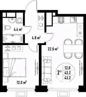2-к квартира, вторичка, 43м2, 17/25 этаж