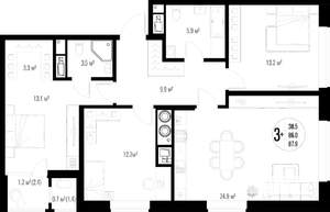 3-к квартира, строящийся дом, 88м2, 1/17 этаж