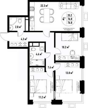 4-к квартира, вторичка, 77м2, 23/25 этаж