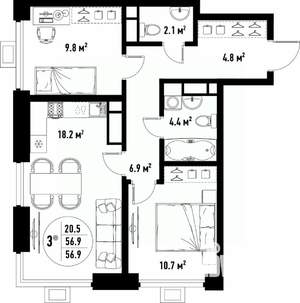 3-к квартира, вторичка, 57м2, 14/25 этаж
