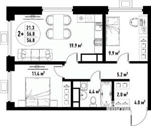3-к квартира, вторичка, 57м2, 12/25 этаж