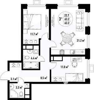 3-к квартира, вторичка, 63м2, 16/25 этаж