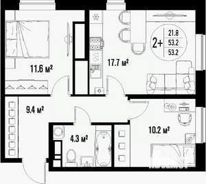 2-к квартира, строящийся дом, 53м2, 20/25 этаж