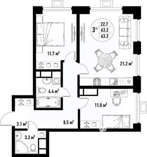 3-к квартира, вторичка, 63м2, 10/25 этаж