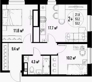 2-к квартира, вторичка, 53м2, 18/25 этаж