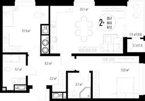 2-к квартира, вторичка, 67м2, 12/17 этаж