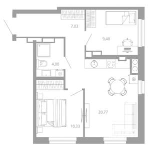 2-к квартира, вторичка, 52м2, 16/26 этаж