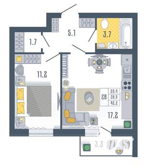 1-к квартира, вторичка, 42м2, 11/17 этаж
