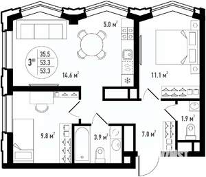 3-к квартира, вторичка, 53м2, 23/24 этаж
